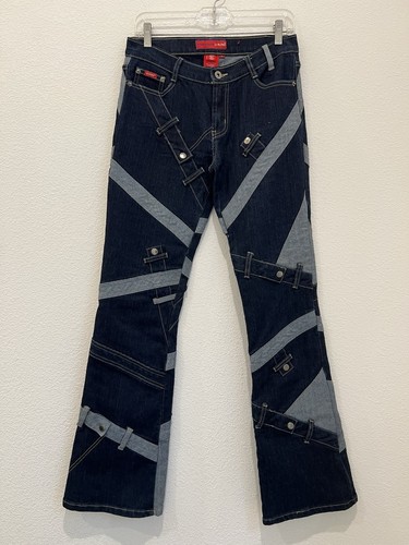 Vintage Le More Damengröße 9 zweifarbig blau Jeans ausgestellt Bondage Schnallen Y2K - Bild 1 von 14