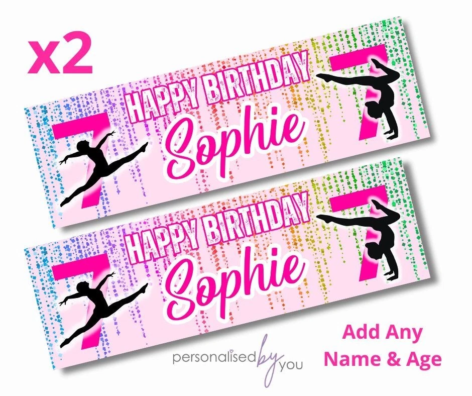 MADVINL 2 x Personalised GYNASTICS THEME Birthday Banners Large ADD NAME AGE KIDS PARTY