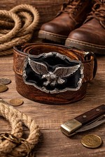 Vintage 1997 GAP Eagle Buckle Leather Belt Brown Western Americana 90s Unisex 42