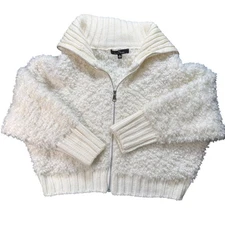 Love Tree Cozy Fuzzy Knit Zip Up Sweater Jacket Cream Women's Medium