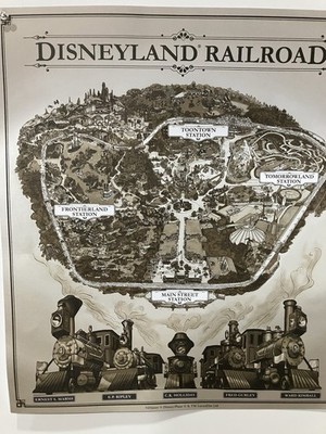 Disney Disneyland Railroad Map Poster Print - Disneyland Railroad Theme 14 x16 