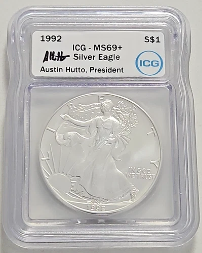 1992 American Silver Eagle MS69+ AUSTIN HUTTO ICG Signed