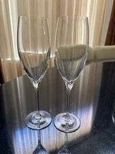 Signed DOM PERIGNON Crystal Etched SHIELD LOGO 9 1/8" CHAMPAGNE FLUTES Set Of 2