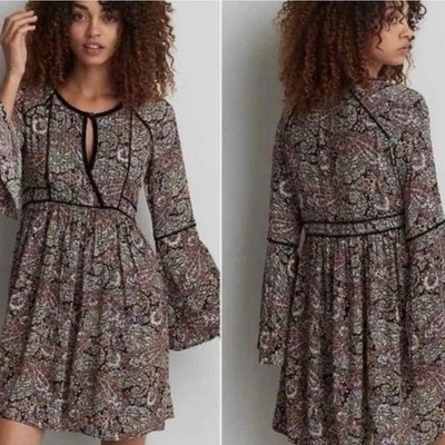American Eagle Dress S Boho Dark Paisley Bell Sleeve Velvet Witchy Whimsy Goth