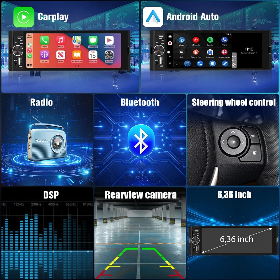 6.36 Zoll 1 DIN Touchscreen Autoradio Carplay Android Auto Android 13 2+32G WIFI - Bild 3 von 4