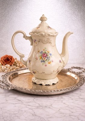 Weimar - Footed Coffee Pot with Lid -Pink, Yellow, Blue Floral & Scrolls Design 