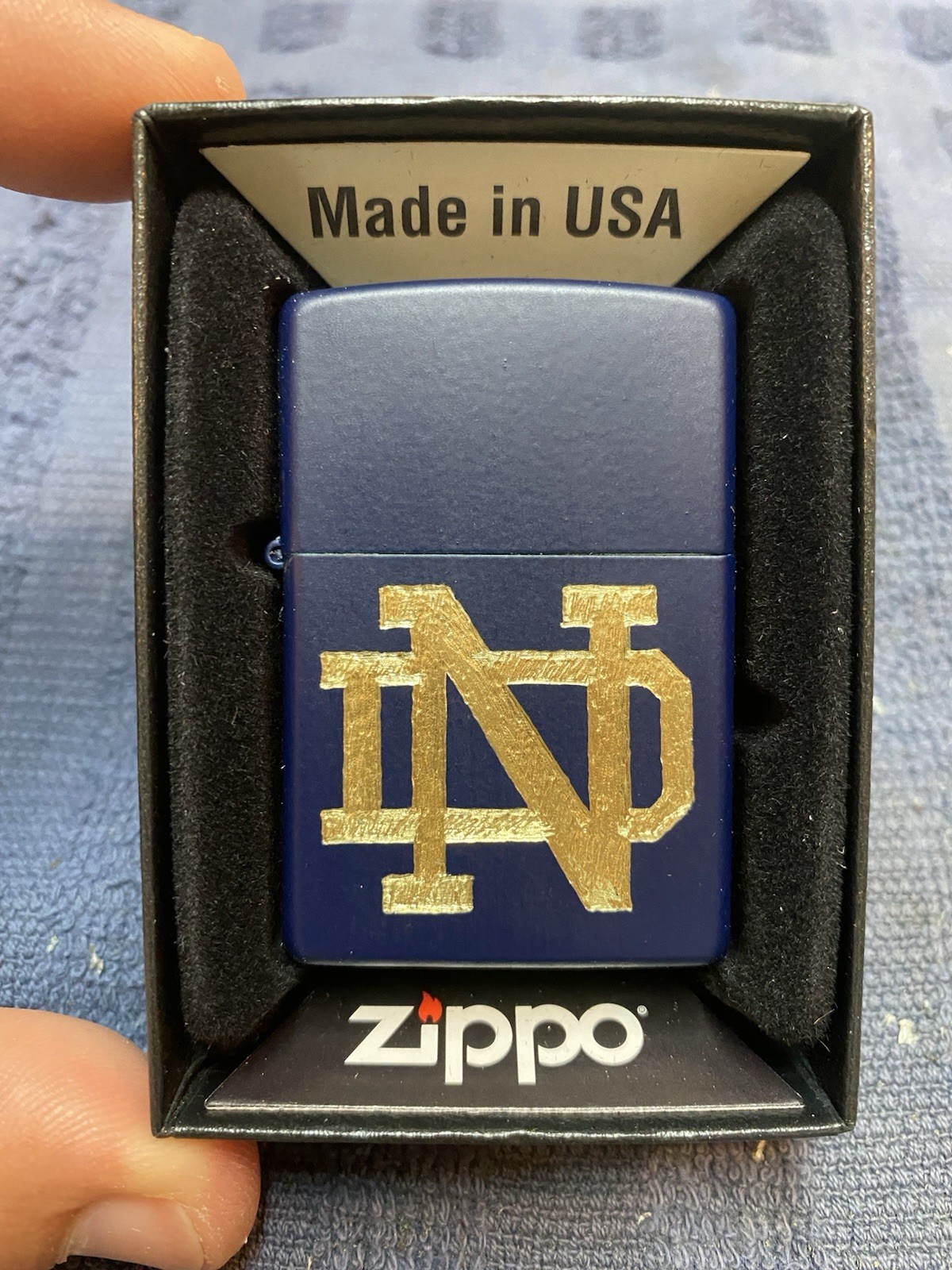 1-Notre Dame Logo On A Navy Blue Zippo Lighter