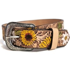 Handmade Leather Sunflower Belt for Girls: Embossed Cowhide