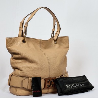 Vintage ESCADA Leather Shoulder Bag Tote Y2K Large Statement Buckle Tan Beige