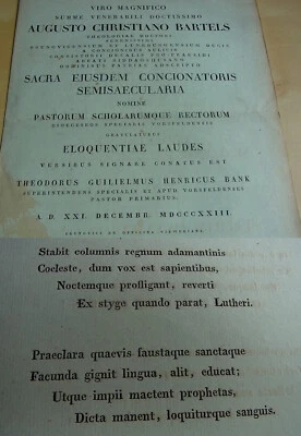 Theodor Wilhelm Heinrich BANK: Lat. Gedicht 1823 für Abt BARTELS (Riddagshausen) - Bild 1 von 4