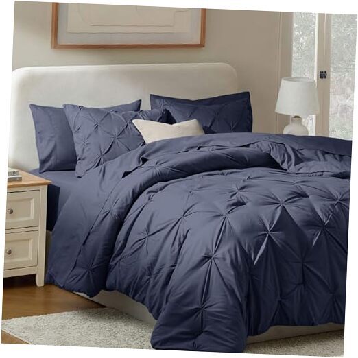 Comforter Set 7 Piece - Pinch Pleated Comforters Size Bed in a Bag Queen Navy