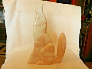 White & Light Brown Ceramic Howling Coyote Figurine, Satin Finish 14.25" Tall