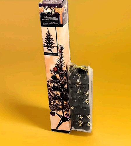 Albero Halloween Giorno dei Morti 18" Arancione Nero e 16 Mini Ornamenti Neri Nuovo - Foto 2 di 3