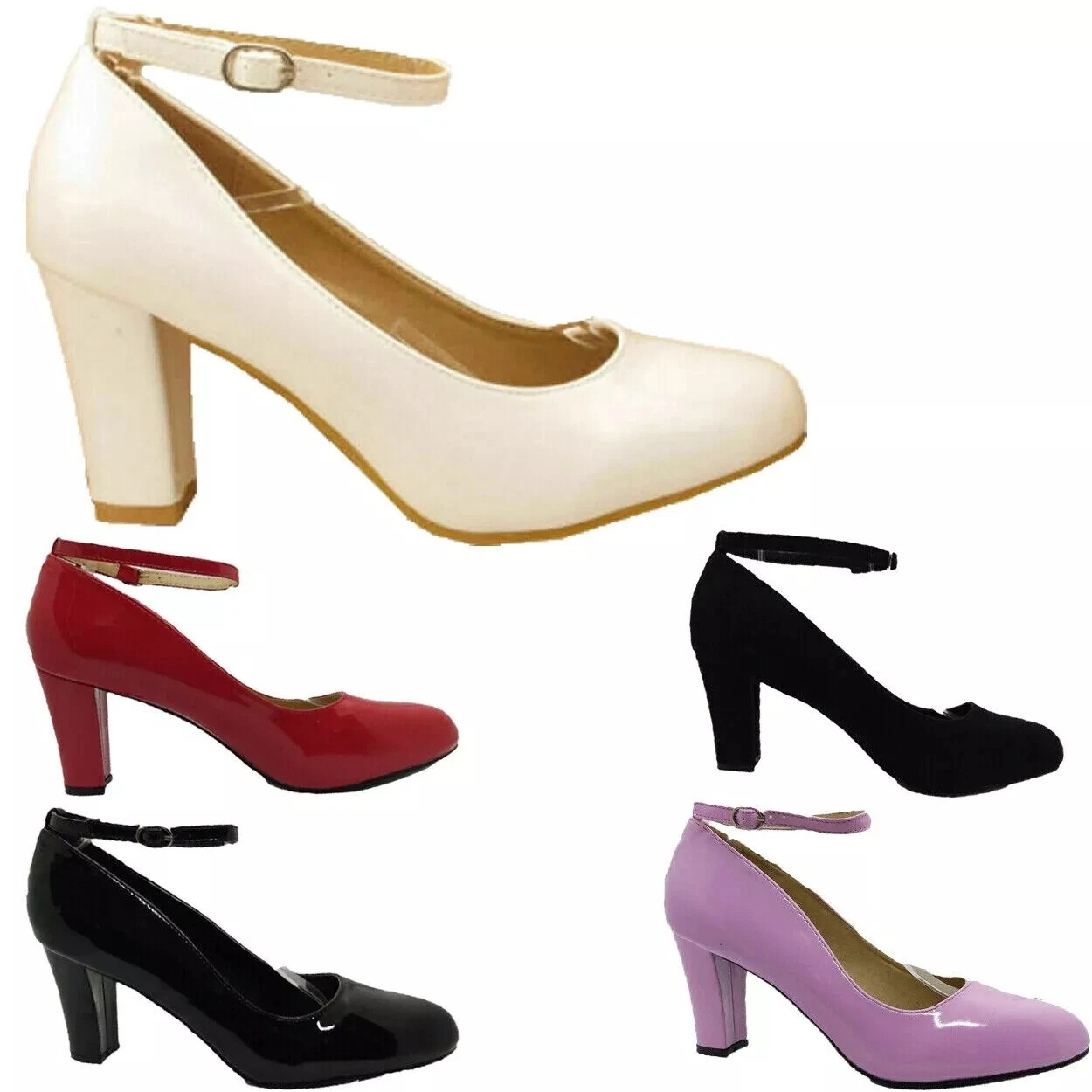 LADIES BLOCK HEEL ANKLE STRAP COURT EVENING DRESS GIRLS SHOES BIG SIZE