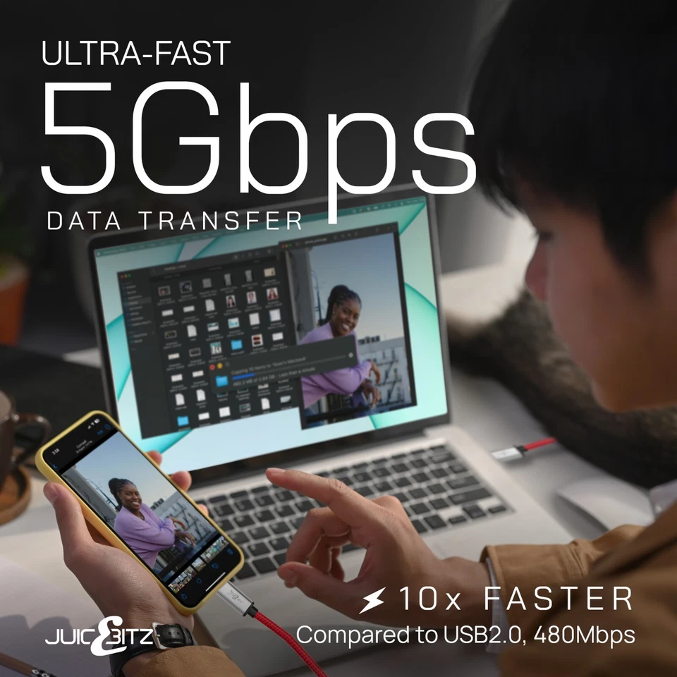 JuicEBitz® Cavo Caricatore Rapido Dati USB C a USB C USB 3.0 SuperSpeed 5Gbps Cavo - Immagine 4 di 4