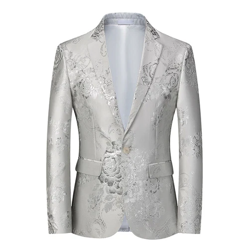 Men Lurex Floral Suit Blazer Dress Jacket Party Stage Showman Costume Slim - Picture 2 of 19