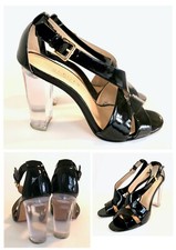 Vtg Talbots Brazil Genuine Patent Leather Sling Back Peep Retro Lucite Heels 6B