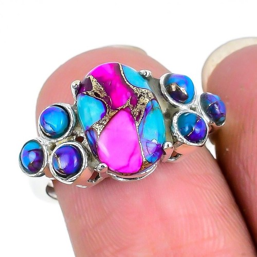 Pink Oyster Turquoise Gemstone 925 Sterling Silver Statement Mother Ring Size 7 - Picture 3 of 7