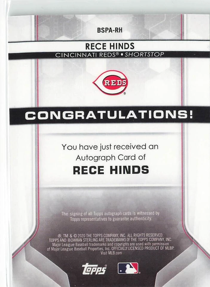 2020 Bowman Sterling Rece Hinds Prospect Speckle Refractor Auto /99 #BSPA-RH - Image 2 of 2