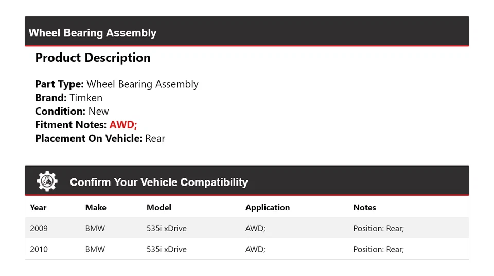Conjunto de cojinete de rueda trasero Timken para BMW 535i xDrive 2009-2010 AWD Foto 2 de 4