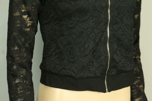 Designer BEBE Black Floral Lace Cropped Zip Up Blazer Jacket S - Picture 10 of 10