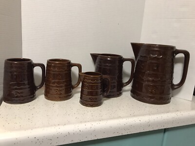 Lot of 5 Vintage MARCREST Daisy Dot Brown Stoneware Pitchers Mugs Creamer