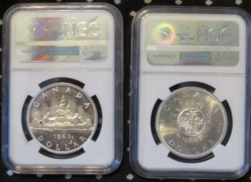 1963 & 1964 CANADA SILVER $1 DOLLARS...BOTH NGC PL-63...2 COIN LOT