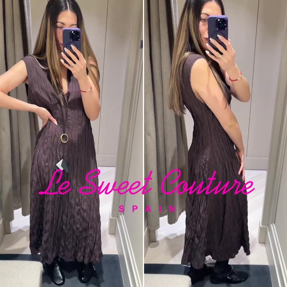 MASSIMO DUTTI WOMAN NWT SS25 CHOCOLATE Flowing pleated midi dress