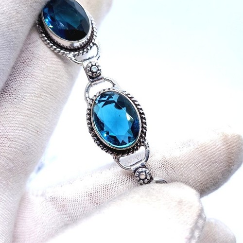 925 Sterling Silver Blue Sapphire Gemstone Handmade Jewelry Chain Bracelet - Picture 4 of 5