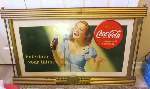 Vintage Large Coca Cola Cardboard Lithograph Sign, Wood Frame by Kay Displays