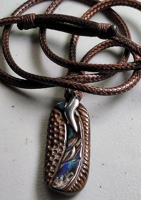 Ethnic Tribal Hand Carved Boulder Opal Pendant on an Adjustable Leather Chain