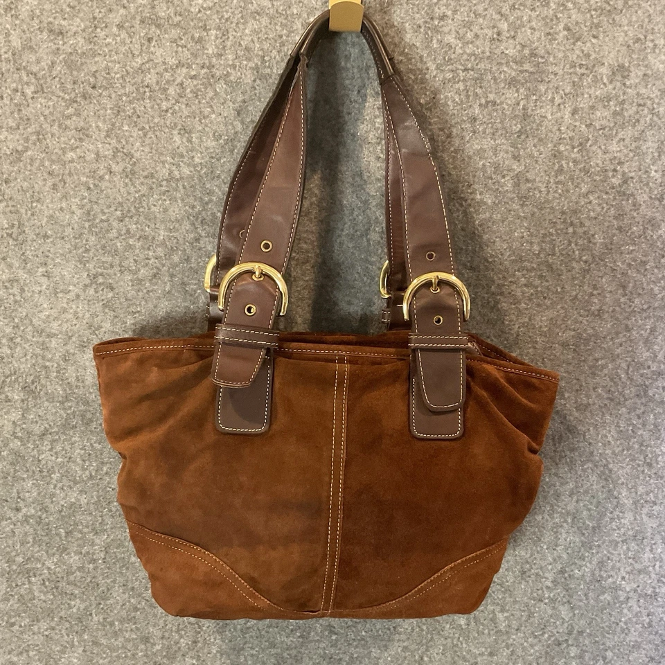 Bolso de Mano Cartera Coach 9522 Soho Marrón Gamuza con Borde de Cuero De Colección Foto 2 de 4