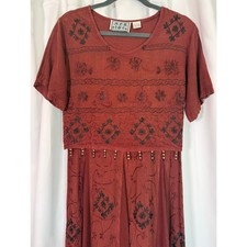 Vintage 90s Boho Embroidered Rayon Maxi Dress Rust Brown Artisan Small