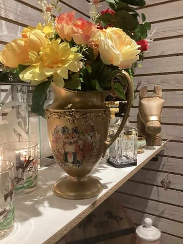 Fox Decoupage Pitcher Artificial Flower Arrangement Equestrian Decor