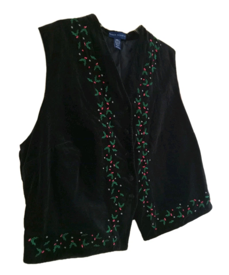 Vintage Karen Scott II 2X Black Cotton Velvet Christmas Holly Vest Embroidered - Image 2 of 4