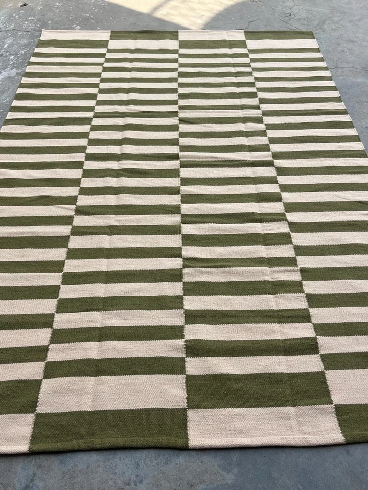 Striped Wool Rug Modern Living Flatweave kilim Green/White Wool Area Rug Runner - Image 4 of 4