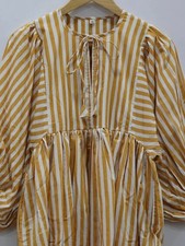 Cotton Yellow Striped Print Maxi Gown Deep Neck Dress Womens Fashion Clothing US