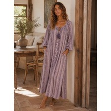 Aura Womens Boho Prairie Floral Stripe Maxi Dress Purple Sage Tassel Tie Size M