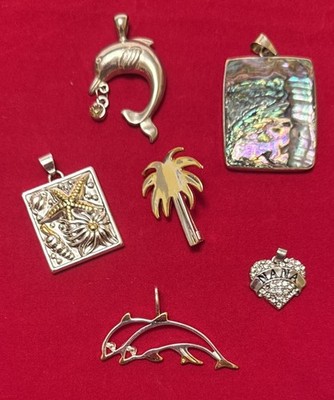 Lot of 6 Mixed Pendants Dolphins Abalone Sea Life Palm Tree Heart Tropical