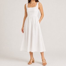 Quince 100% European Linen Fit Flare Midi Dress Pockets Smocked White Medium NWT