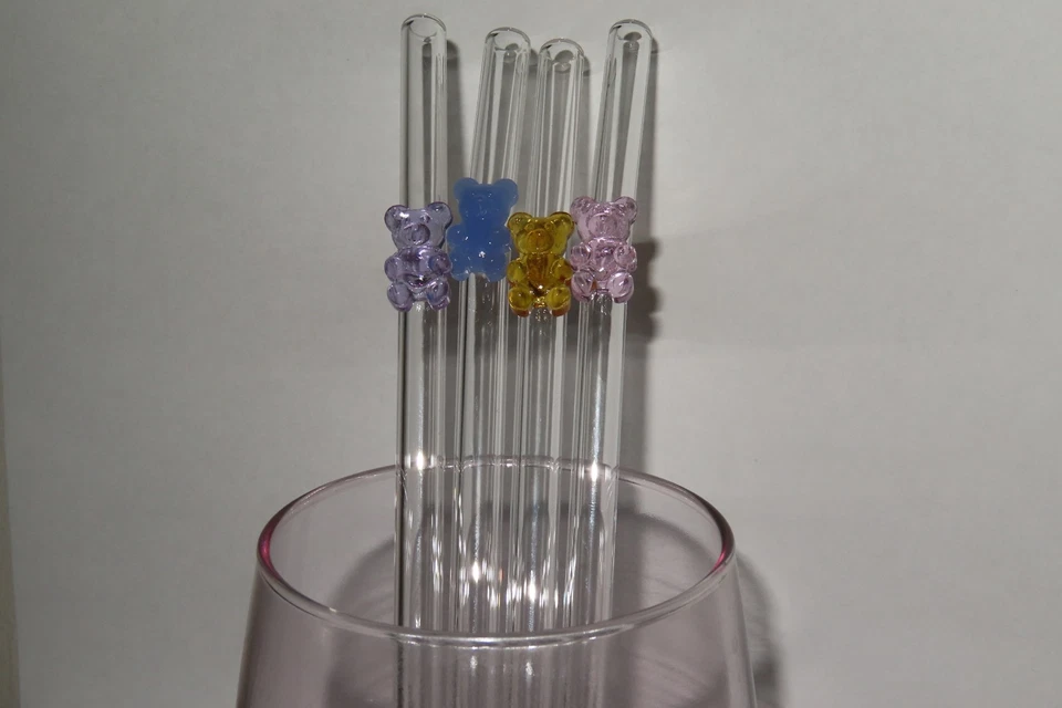 Adorable pajita de vidrio de oso de goma | Pajita ecológica y reutilizable | Juego de 4 Foto 4 de 4
