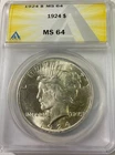 1924 USA Peace Silver Dollar pleasing lustrous ANACS MS64 nice white coin