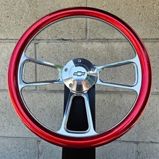 14" Billet Steering Wheel Muscle Metallic Red Half Wrap Chevy Horn Licensed