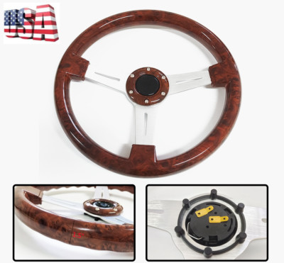 6 Hole Universal 14  Drifting Sport Retro Wood Grain Auto Racing Steering Wheels