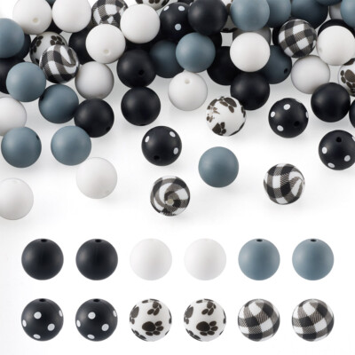 78 Stck. 15 mm Rund Silikon Perlen Weich Gummi Ball Lose Abstandshalter Schwarz Weiß
