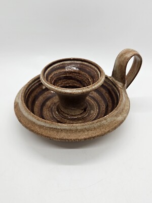 Deneen Pottery Brown & Tan Candleholder Chamberstick Stamped Studio Pottery MN