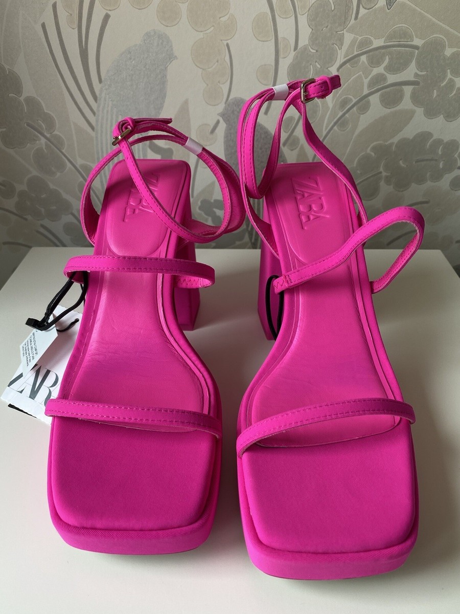 ZARA Hot Neon Pink Block Heeled Strappy Platform Sandals Shoes Size 7 40  Blogger | eBay UK