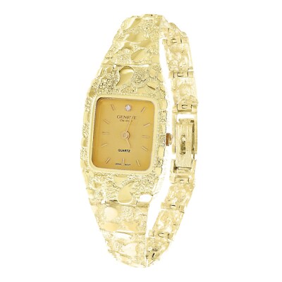 Women's 10k Yellow Gold Solid Nugget Link Bracelet Geneve Diamond Wrist Watch 8''