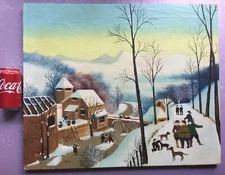 PRIMITIVE - FOLK painting of Village in Winter by Tanus or Janus 