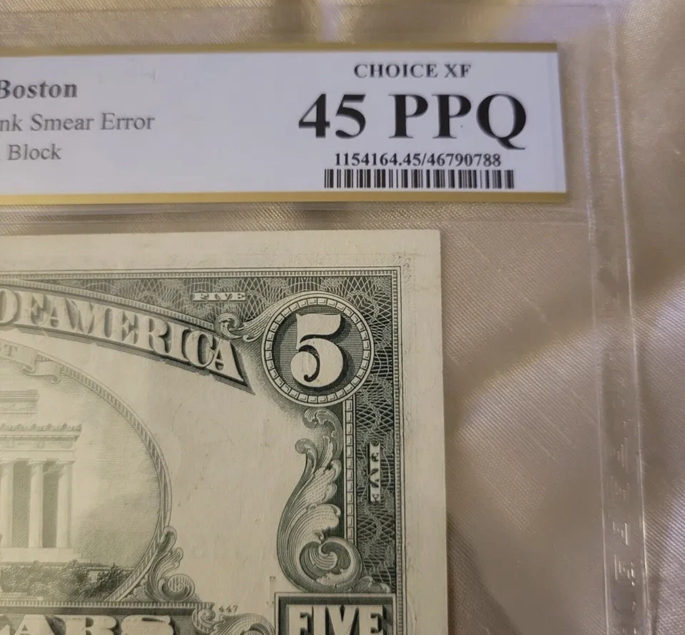ERROR 1977 $5 Five Dollar Federal Reserve Note  MAJOR INK SMEAR - PCGS 45 PPQ! - Image 4 of 4